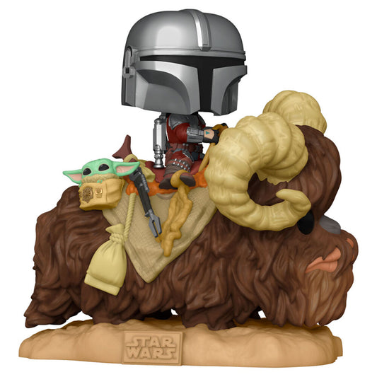 pop figure star wars the mandalorian mando on bantha with child in bag