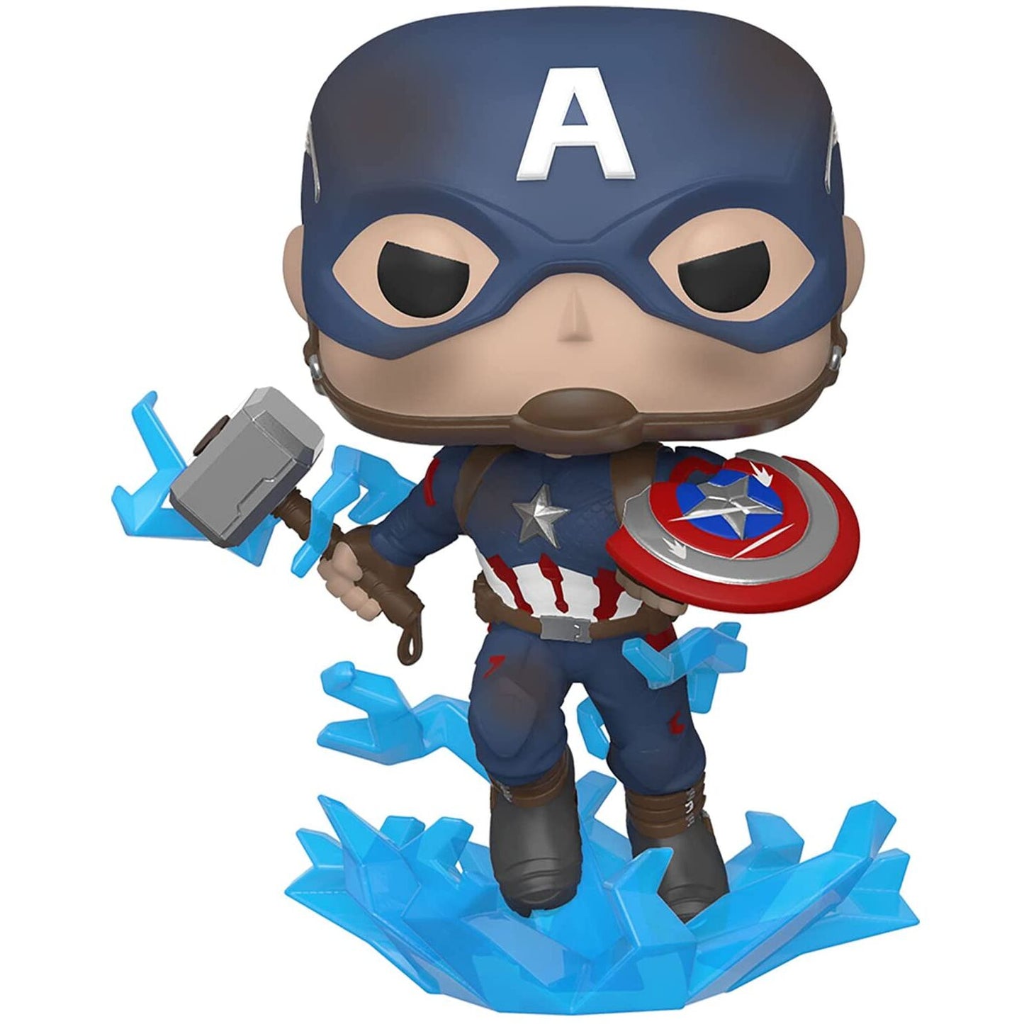 Action figure POP di Captain America degli Avengers Endgame con scudo rotto e Mjolnir