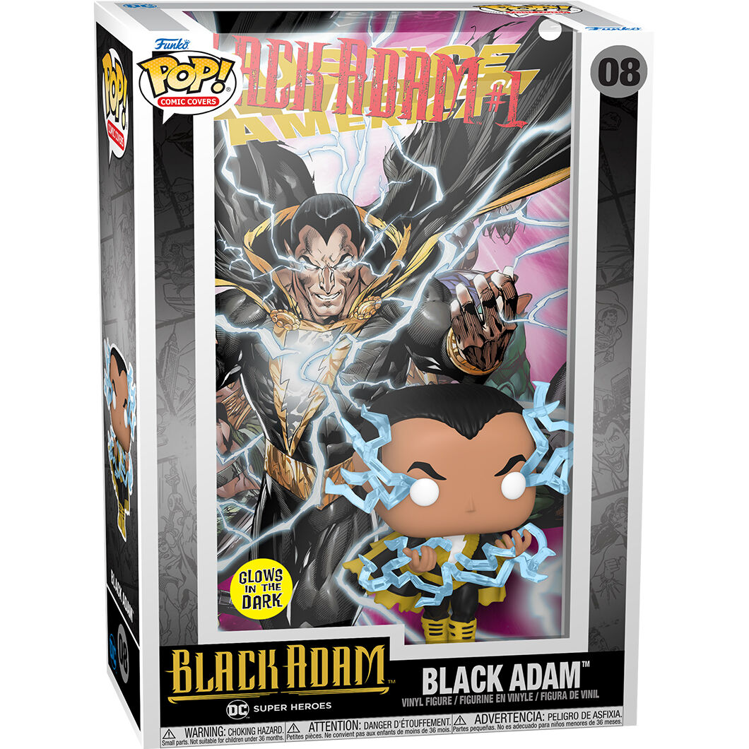 Figura POP da DC Comics com a capa da HQ do Adão Negro.