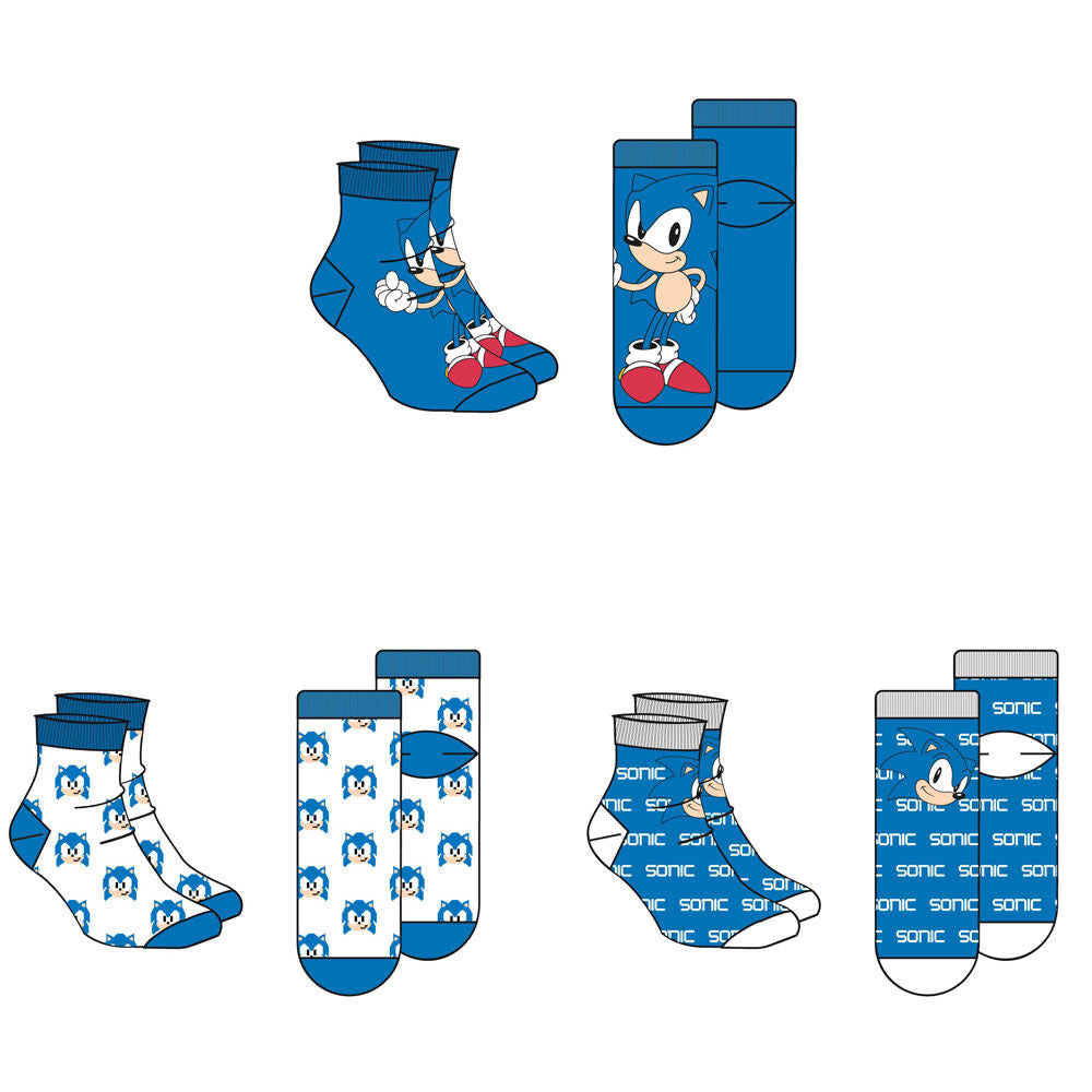 Zestaw 3 różnych skarpetek dla dorosłych z motywem Sonic The Hedgehog