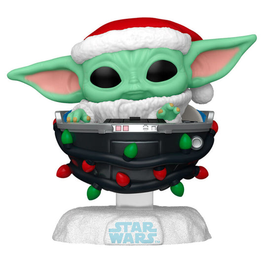 pop figure star wars grogu with santa hat in pram