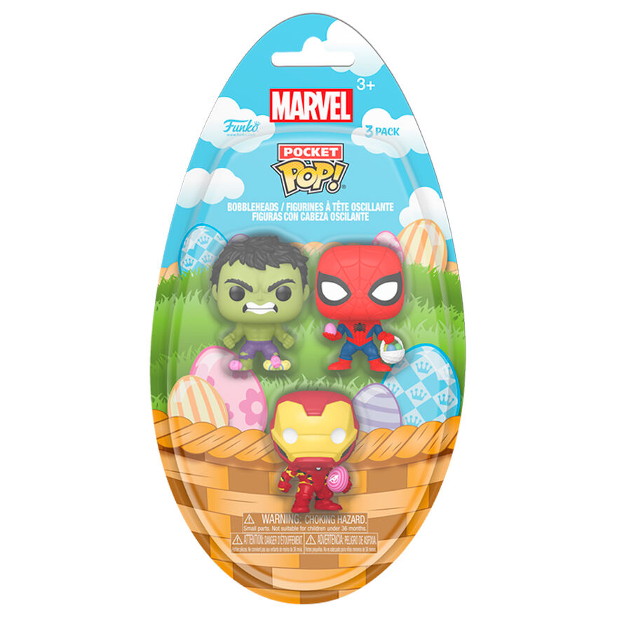 blister 3 figures pocket pop marvel spiderman hulk iron man easter