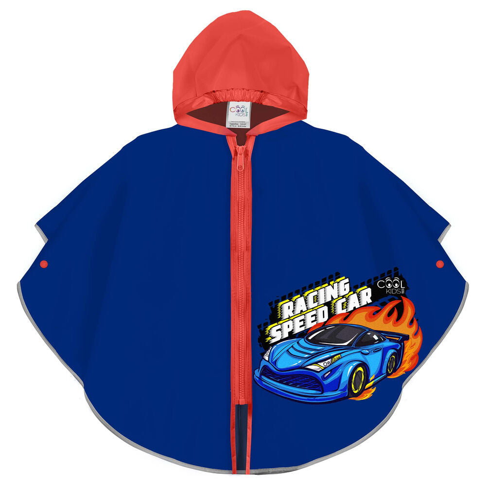 blue raincoat with racing car zipper