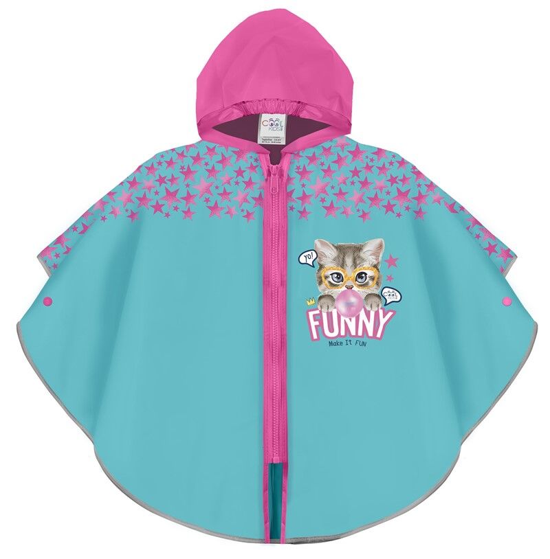 light blue raincoat with a funny cat zipper