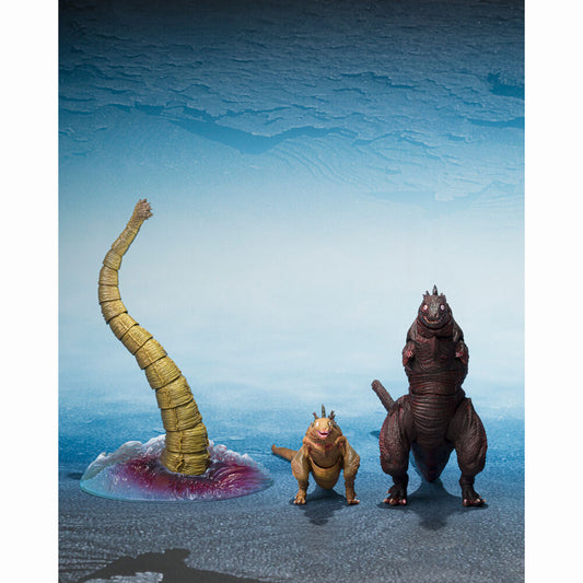 Figuras del set S.H. MonsterArts: Godzilla Segunda Forma Tercera Forma y Criatura Gigante No Identificada.