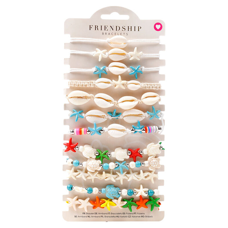 boho bracelet with assorted seashells and starfish