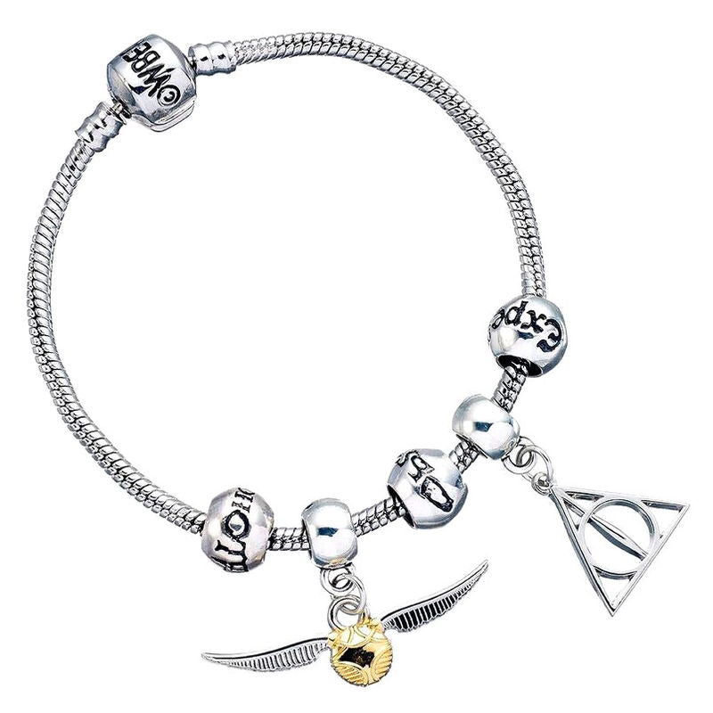 silver bracelet charms deathly hallows snitch 3 spellbeads harry potter