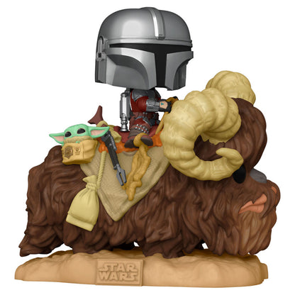 pop figure star wars the mandalorian mando on bantha with child in bag