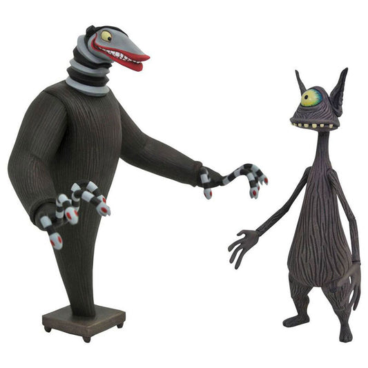 Confezione blister contenente le statuette della Creatura da sotto le scale e del Ciclope tratte da Nightmare Before Christmas alte 18 cm