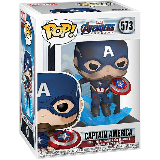 Action figure POP di Captain America degli Avengers Endgame con scudo rotto e Mjolnir
