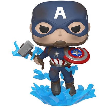 Action figure POP di Captain America degli Avengers Endgame con scudo rotto e Mjolnir