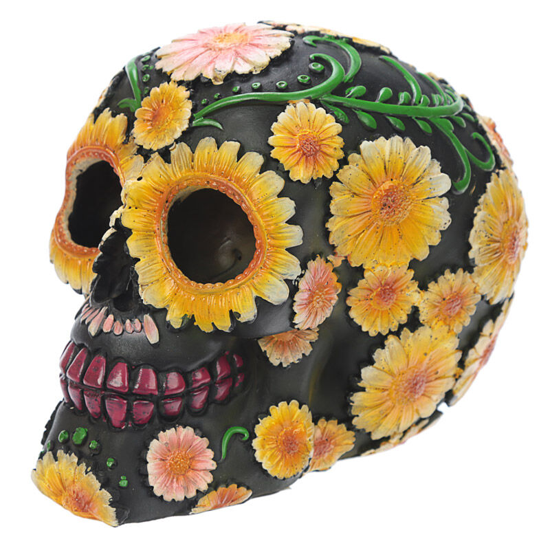 day of the dead skull figure with daisies  11cm