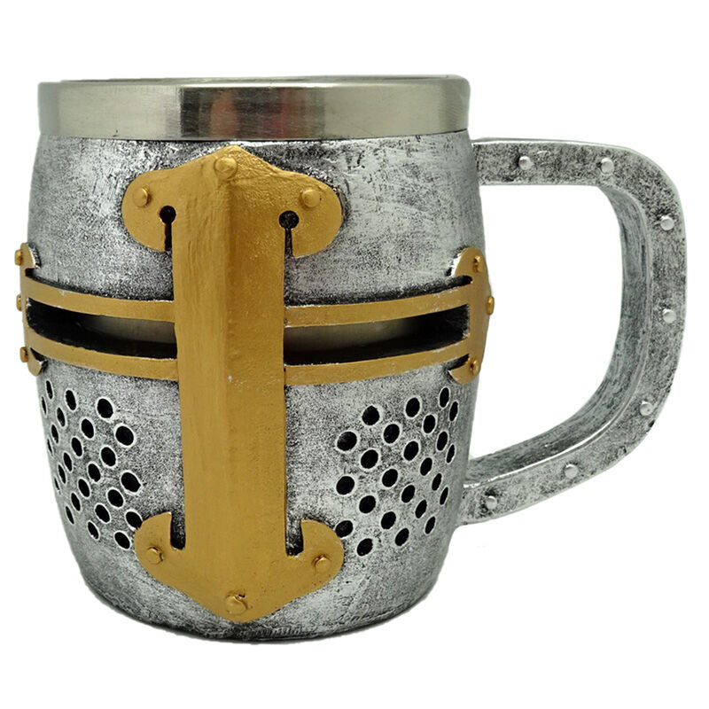 medieval knight jug with silver and gold helmet