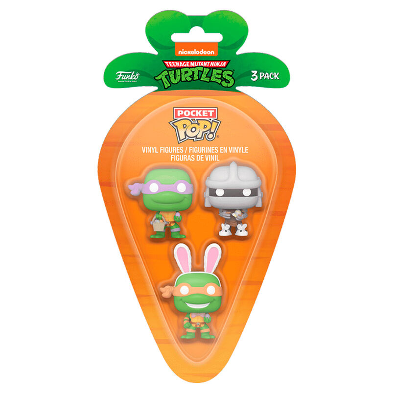 blister pack of 3 carrot pocket pop teenage mutant ninja turtles figures: donatello  shredder  and michelangelo
