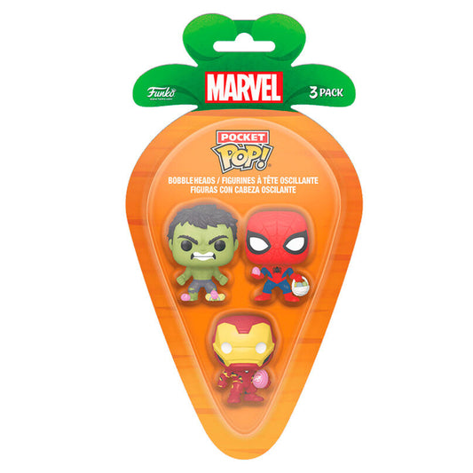 blister 3 figures carrot pocket pop marvel spiderman hulk iron man easter