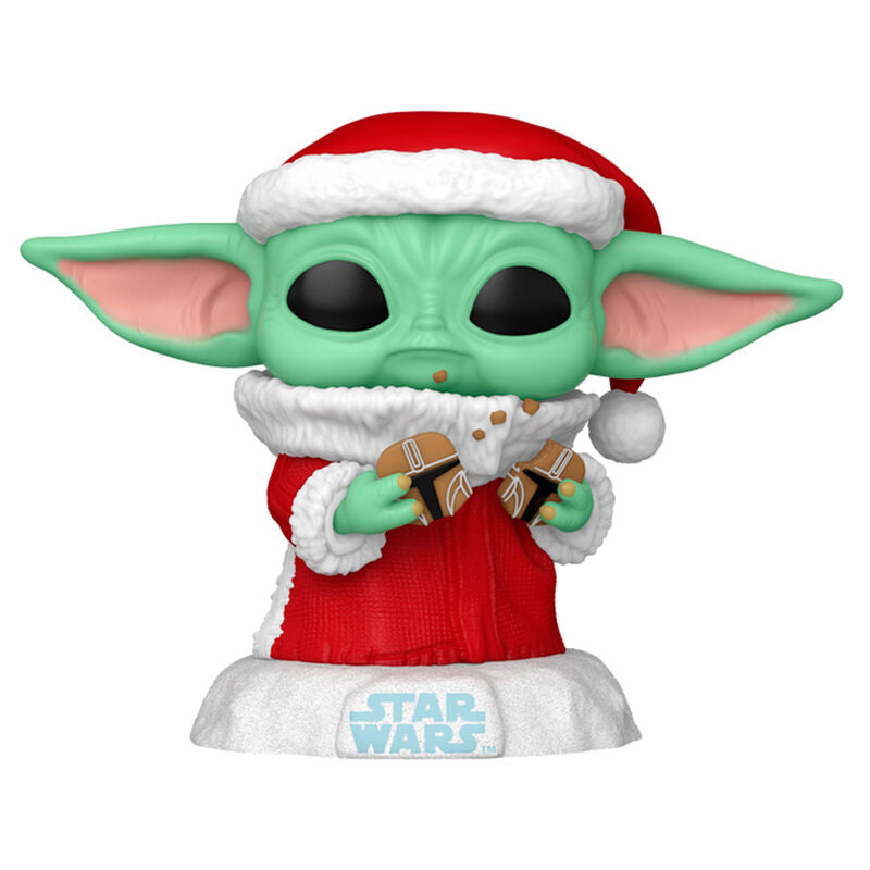pop figure star wars grogu with christmas cookie