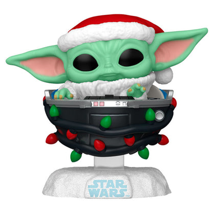 pop figure star wars grogu with santa hat in pram