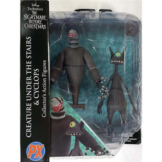 Confezione blister contenente le statuette della Creatura da sotto le scale e del Ciclope tratte da Nightmare Before Christmas alte 18 cm