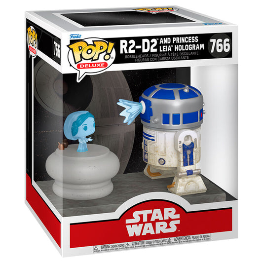 Statuetta POP Deluxe di Star Wars con R2 D2 e la Principessa Leia con ologramma