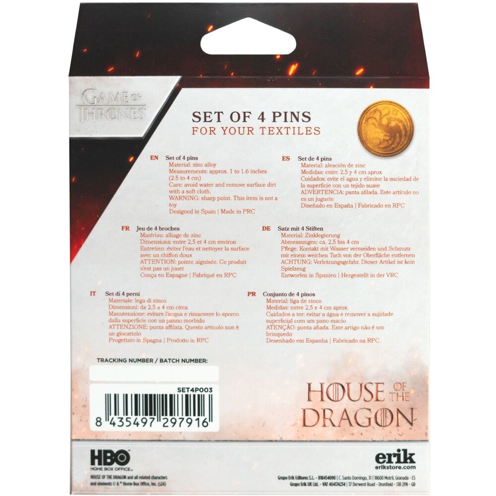 Blister pack of 4 pins Game of Thrones The House of the Dragon