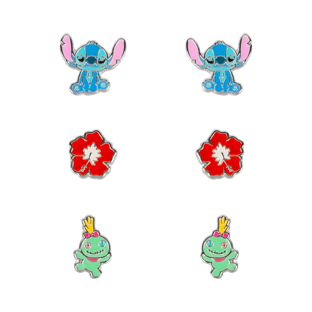 set of 3 pairs of stitch disney silver earrings