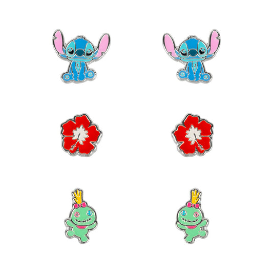 set of 3 pairs of stitch disney silver earrings