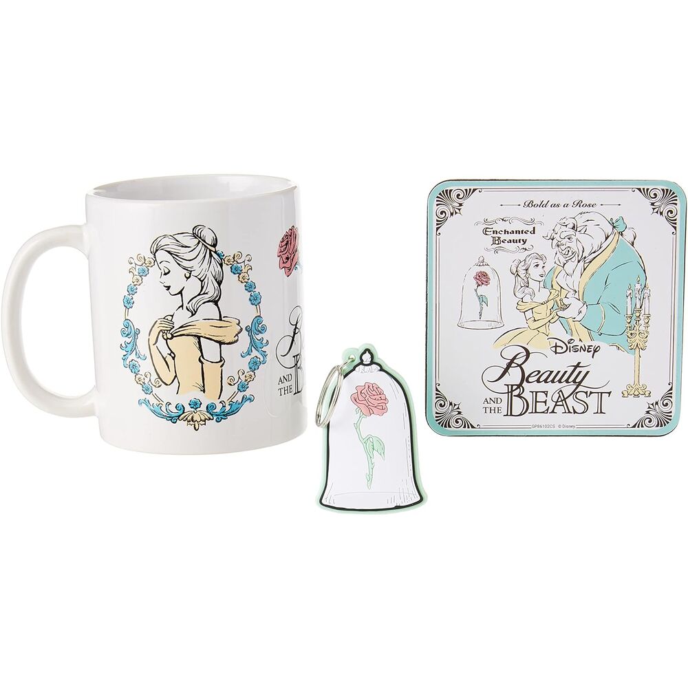 disney beauty and the beast mug  keychain  coaster set