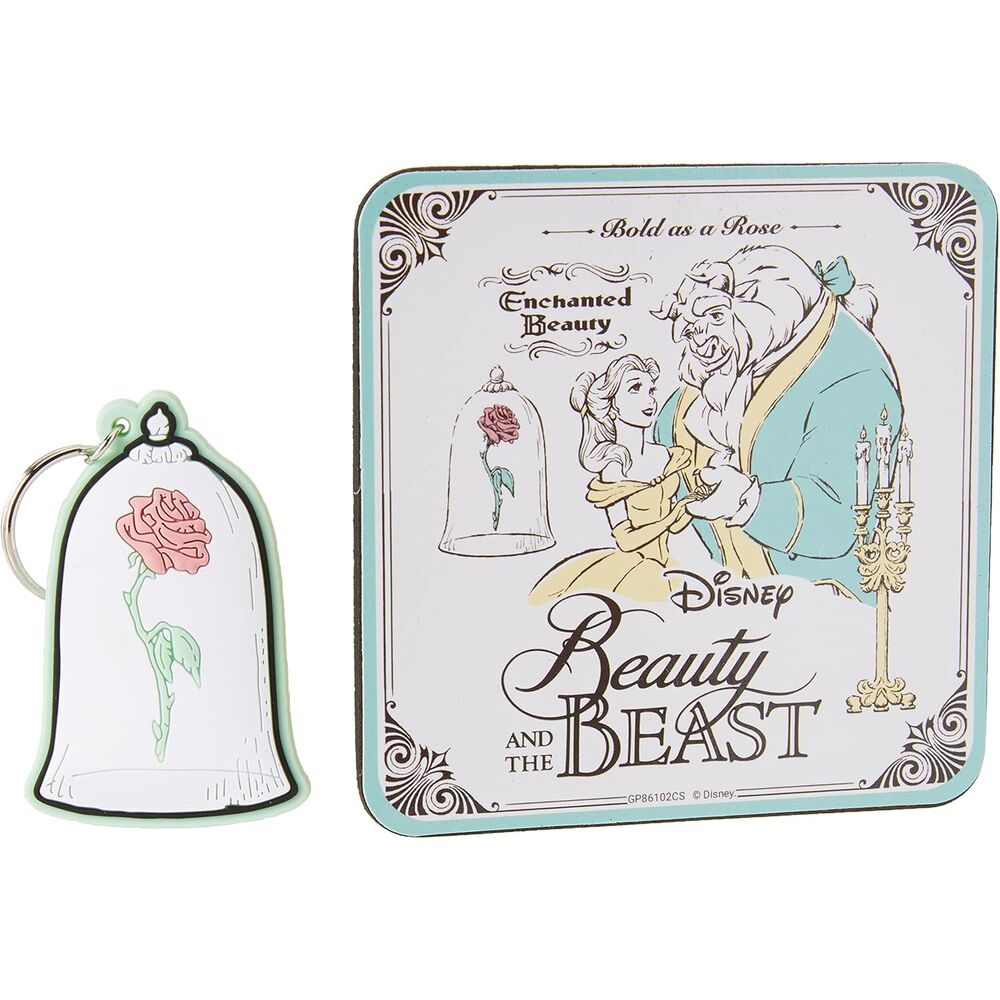 Conjunto Disney A Bela e a Fera: Caneca Chaveiro e Porta-Copos