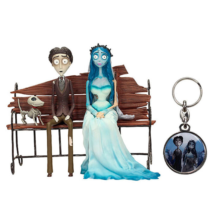 corpse bride figurine and metal keychain