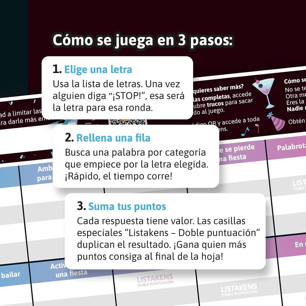Jogo de tabuleiro Listas e Listakens Party em espanhol