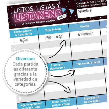 Jogo de tabuleiro Listas e Listakens Party em espanhol