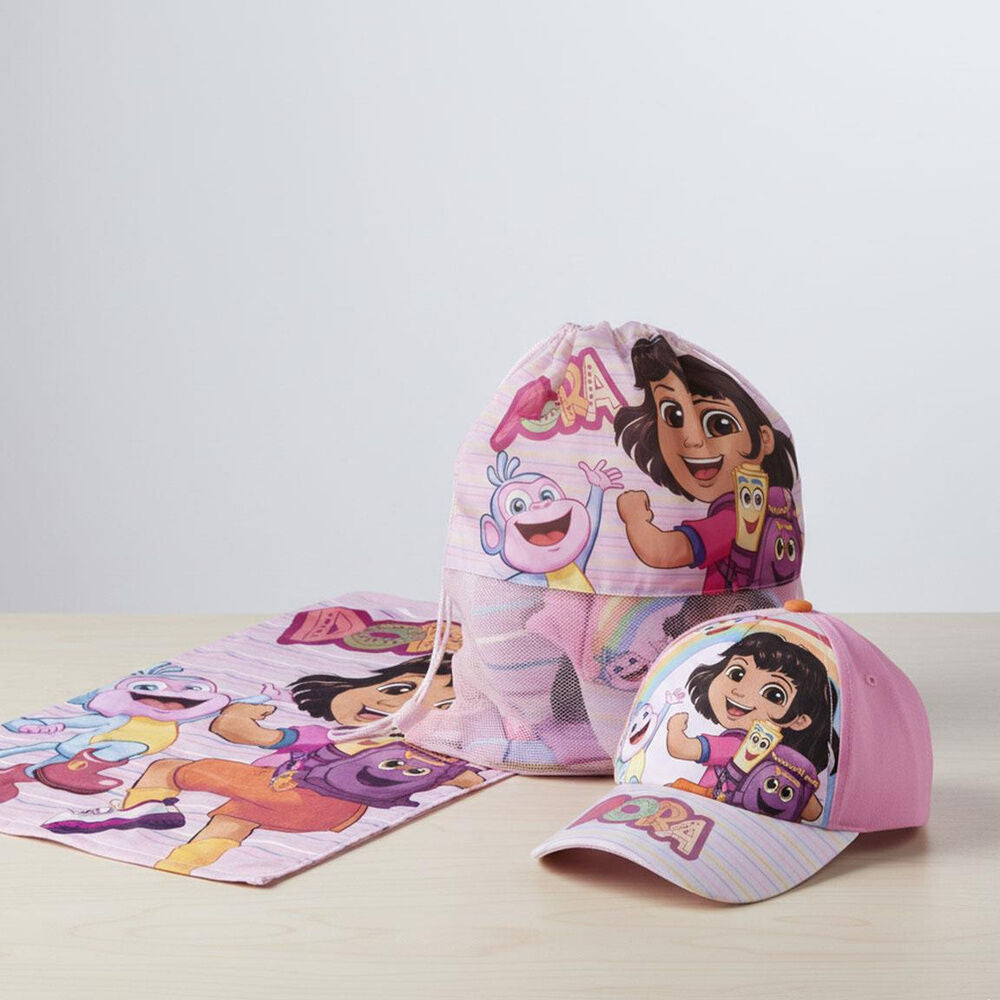 Dora the Explorer towel, sleeping bag, and hat set