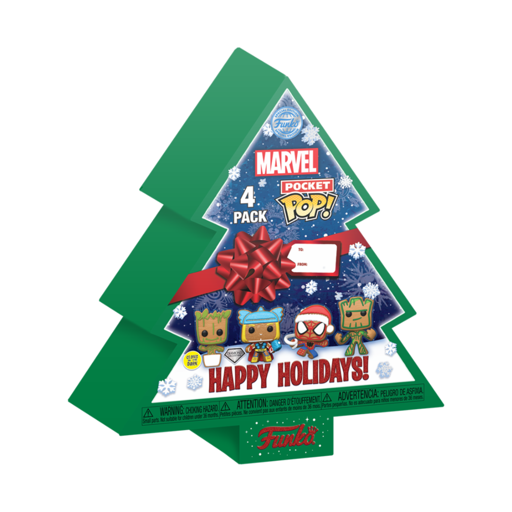 christmas tree with 4 pocket pop marvel tree holiday exclusive figures
