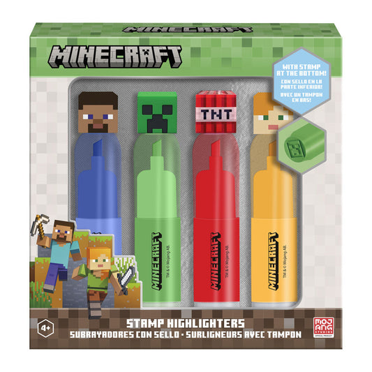 Cartela com 4 marcadores de texto com o logotipo do Minecraft