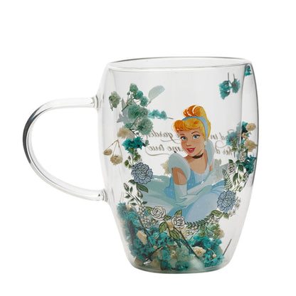glass mug with dried flowers  cinderella disney princesses