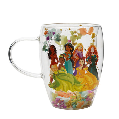 glass mug with dried flowers  disney princesses