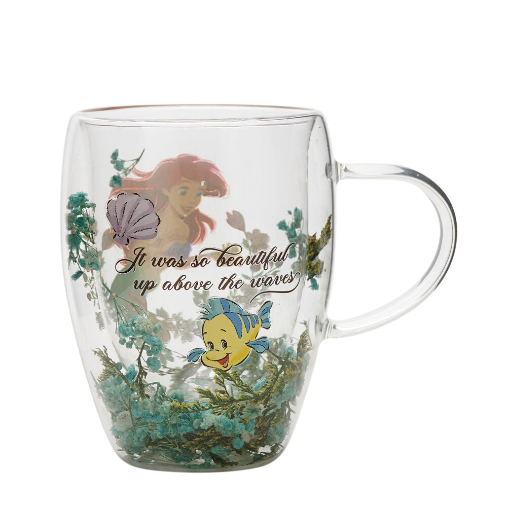 Mug en verre décoré de fleurs séchées Ariel princesse Disney