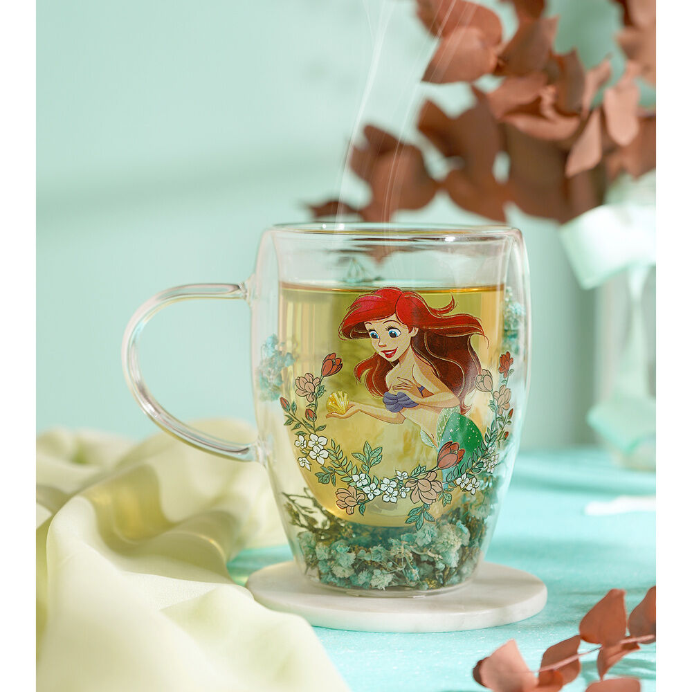 Mug en verre décoré de fleurs séchées Ariel princesse Disney