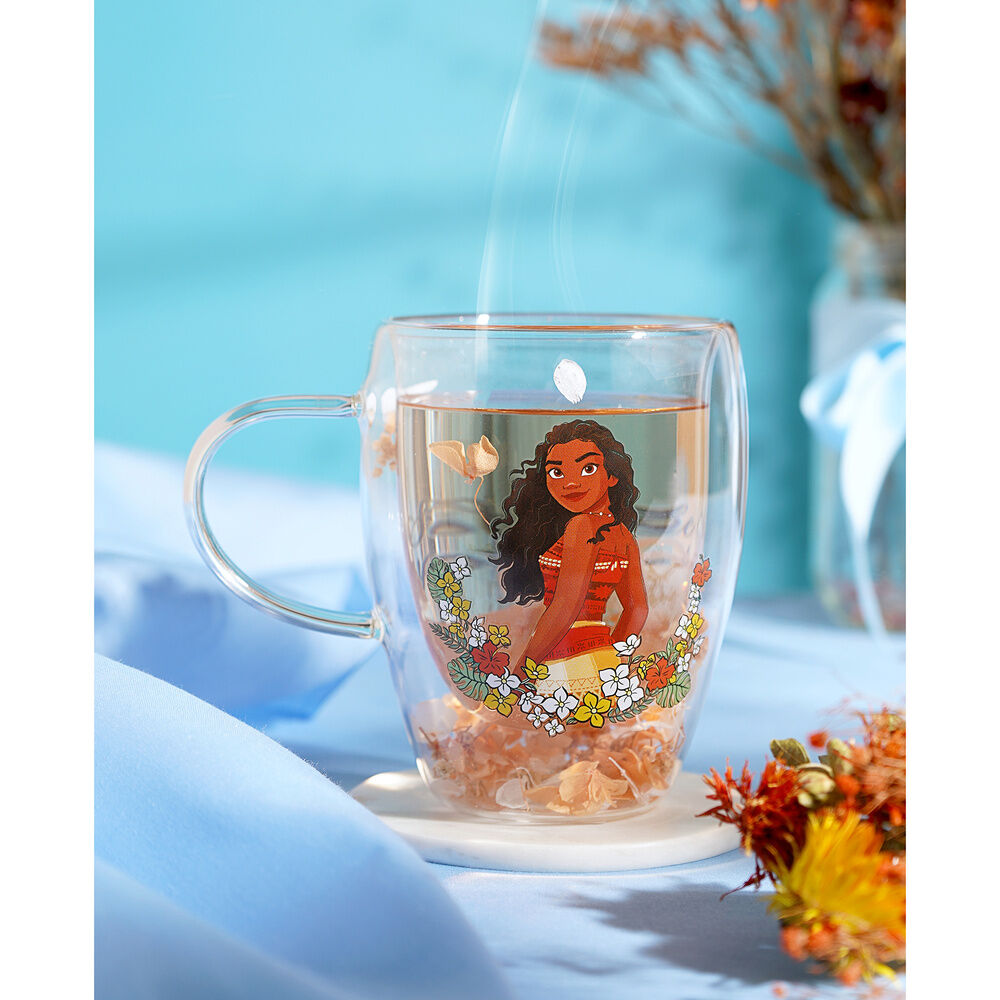 Caneca de vidro com flores secas Vaiana Moana Princesas da Disney
