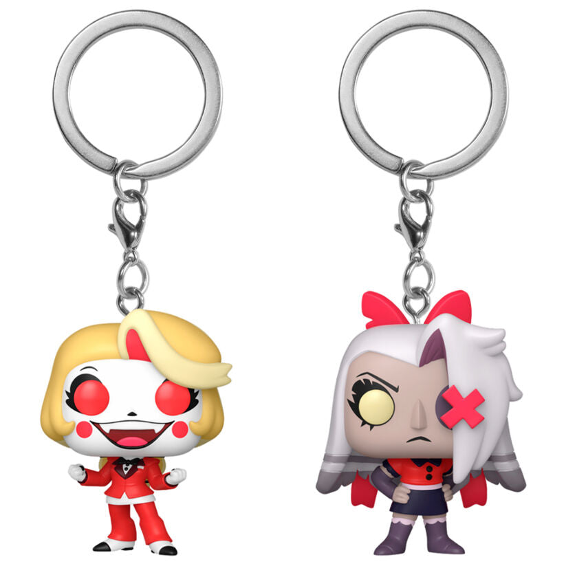 blister of 2 pocket pop hazbin hotel charlie & vaggie keychains