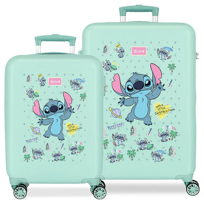 set of 2 abs trolley suitcases little destruction stitch disney 55 65cm