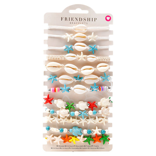 boho bracelet with assorted seashells and starfish