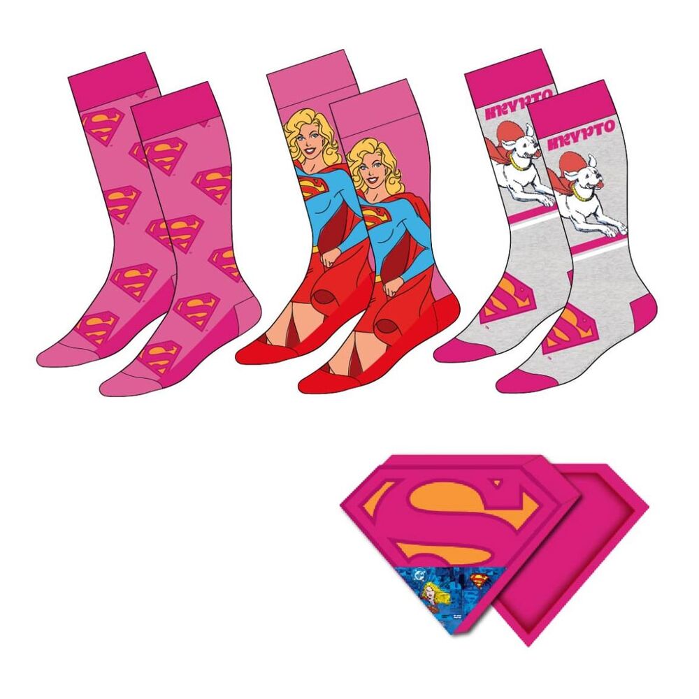 set of 3 pairs of supergirl superman dc comics adult socks  assorted