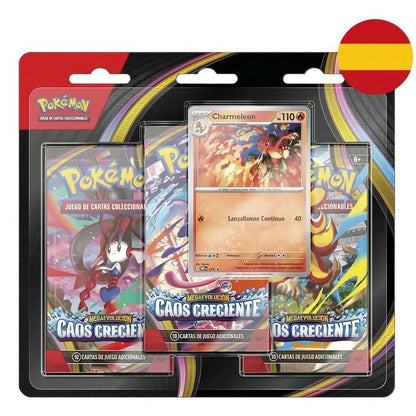 blister pack of 3 crescent chaos mega evolution pokemon cards (spanish)