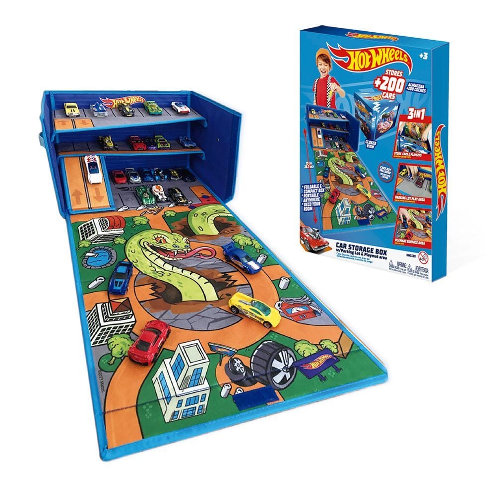 Hot Wheels car organizer box with track and play area